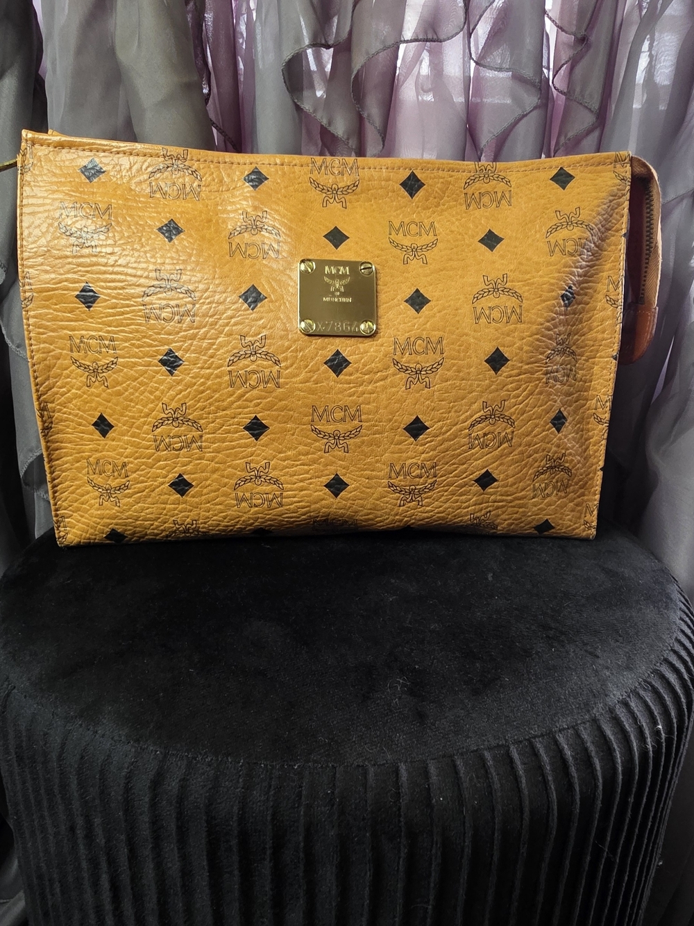 MCM Cognac Visetos Logo Clutch with Gold Plaque Authentic